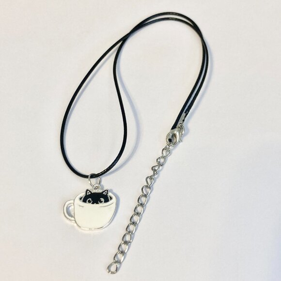 Black Cat Charm Pendant Necklace 16-18" Enamel Coffee Cup Halloween Cat Lady - Picture 6 of 8